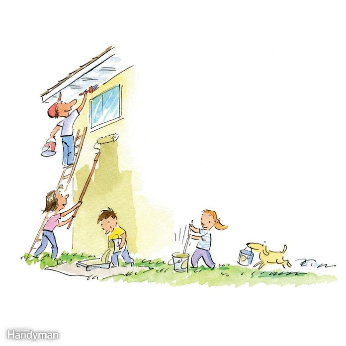 Illustration of family helping to paint a house