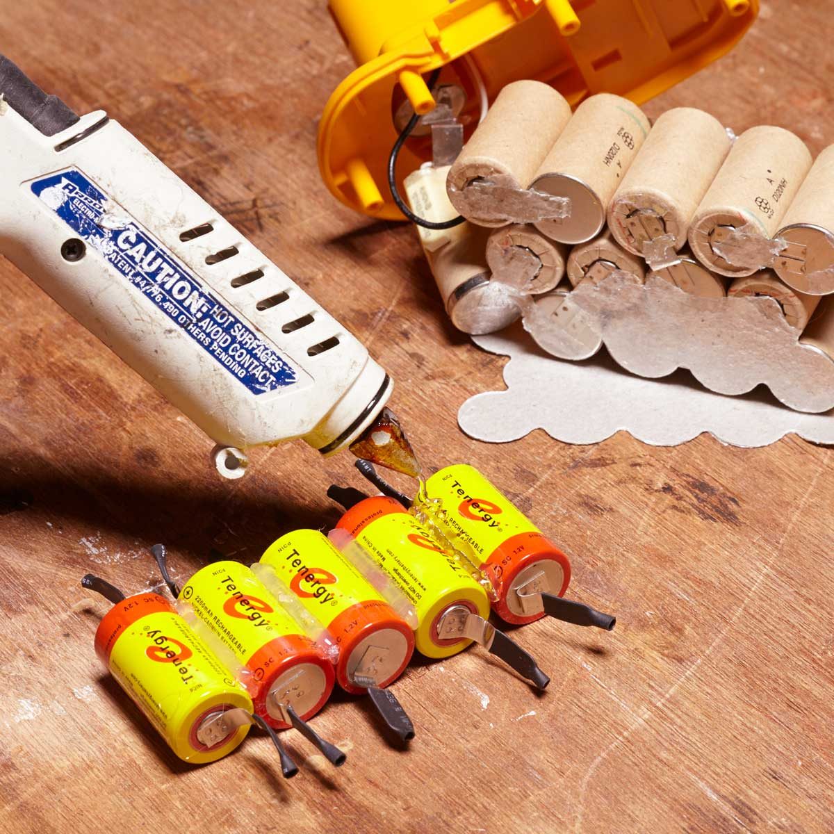 rebuild cordless tool battery hot glue