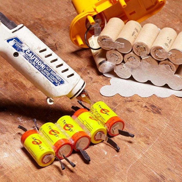 rebuild cordless tool battery hot glue