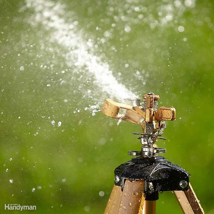 pulsating sprinkler sprays water on lawn