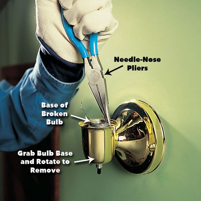 grab the broken lightbulb base with needle nose pliers 