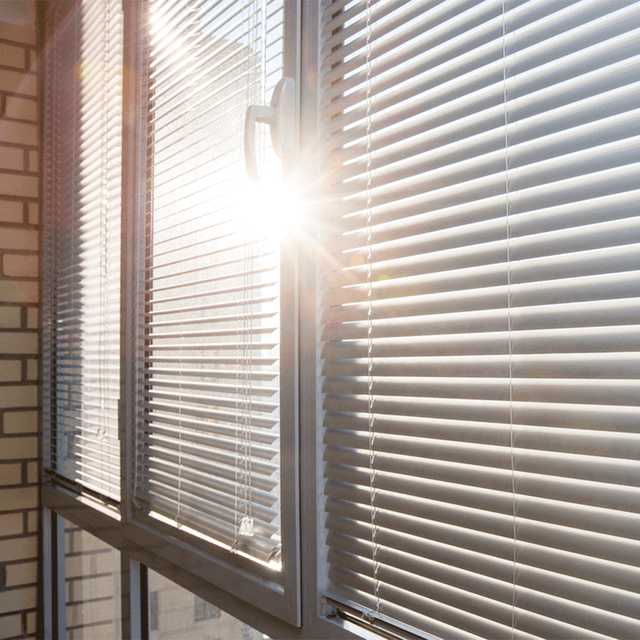 sun streaming through window blinds