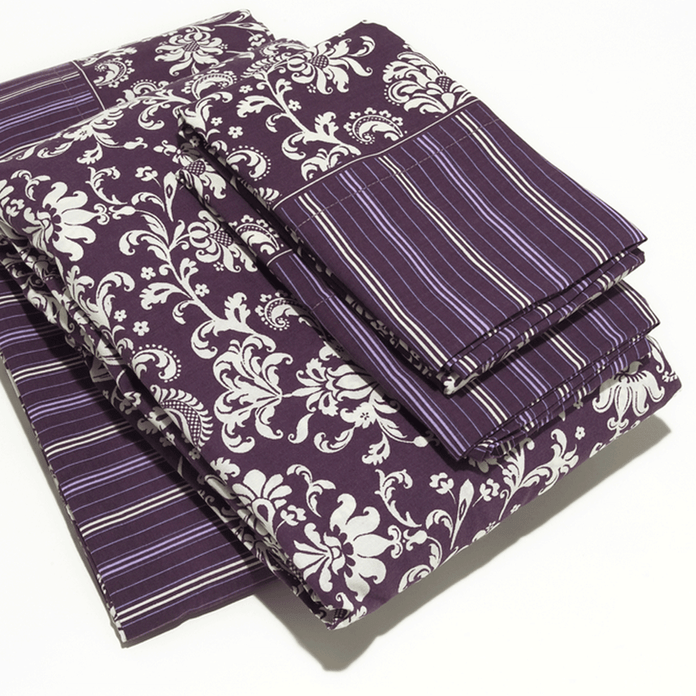 purple patterned bed linens