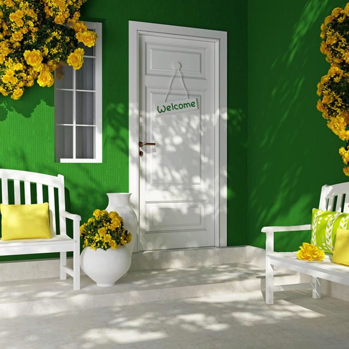 white front door with lime green exterior paint siding