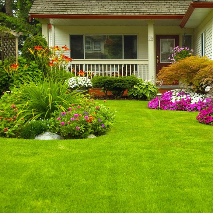 well manicured front lawn flowers landscape landscaping green grass porch