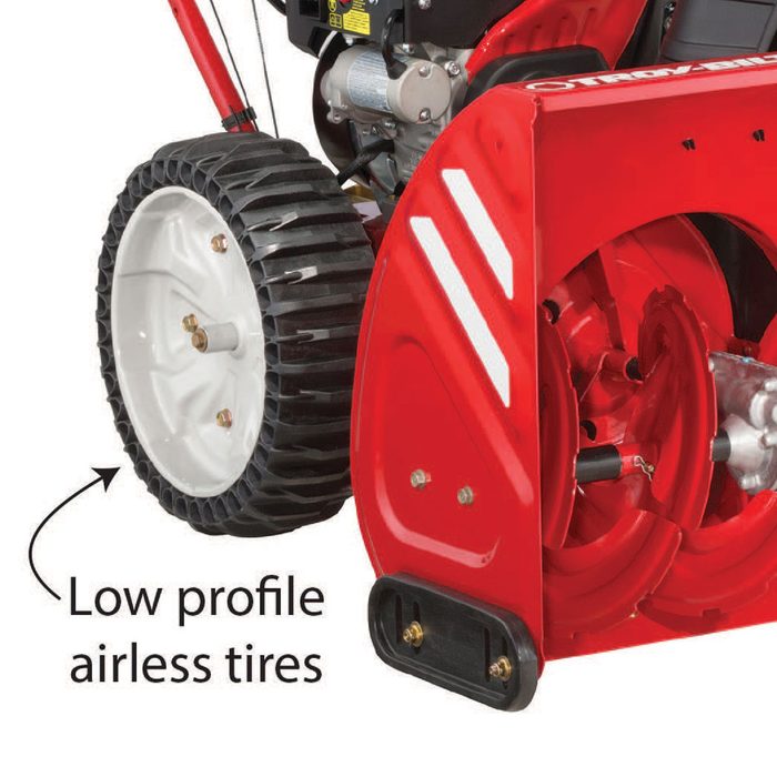 Airless tires are hassle free and keep the snowblower driving straight