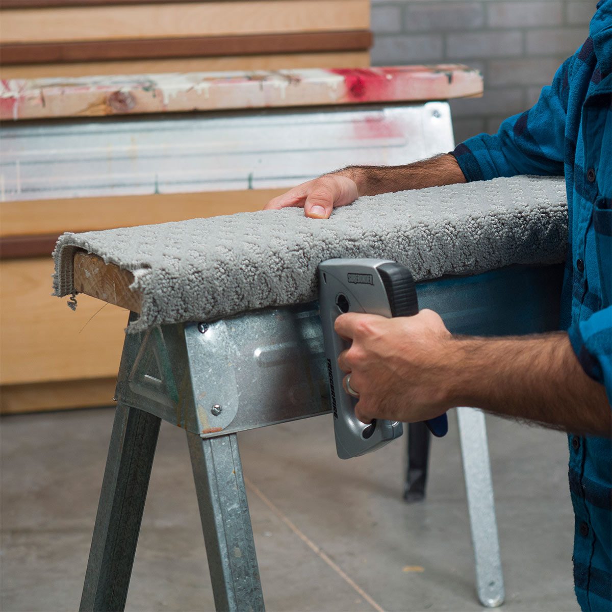 stapling carpet to sawhorses