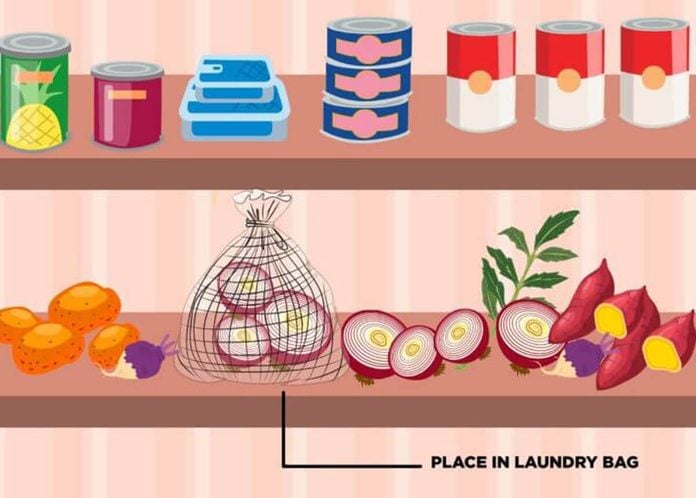 pantry organization onions in mesh laundry bags