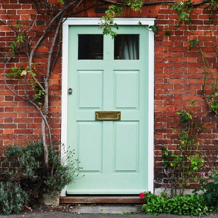 Mint Green Front Door with Brick