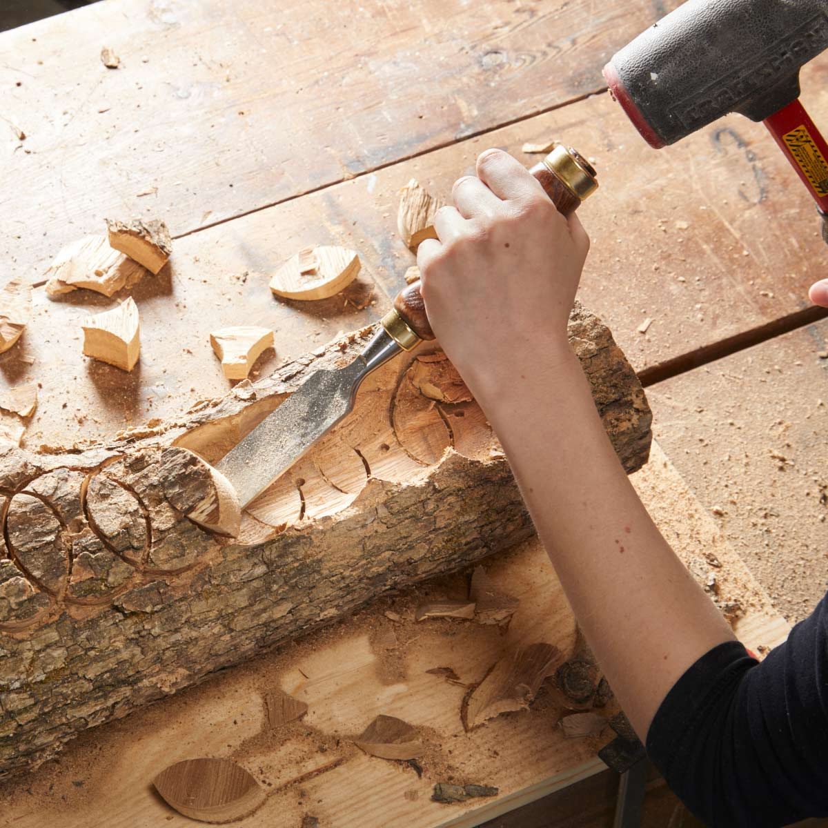 log planter chisel and hammer opening