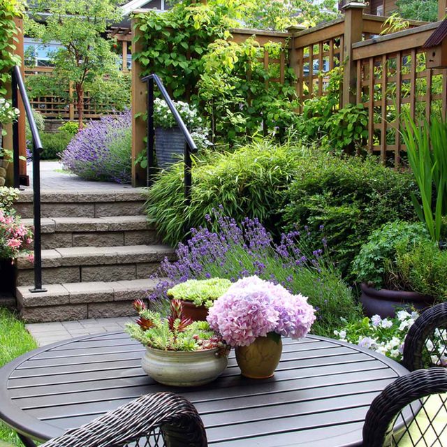 small yard landscaping with outdoor seating, grenery and potted plants