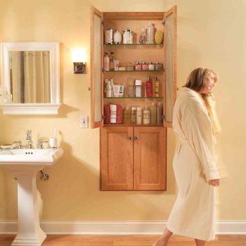 White Oak Floating Bathroom Storage Cabinet With Sliding Doors 