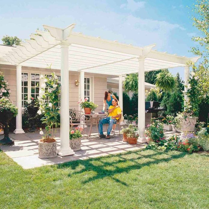 white pergola after cheap backyard makeover ideas, patio makeovers