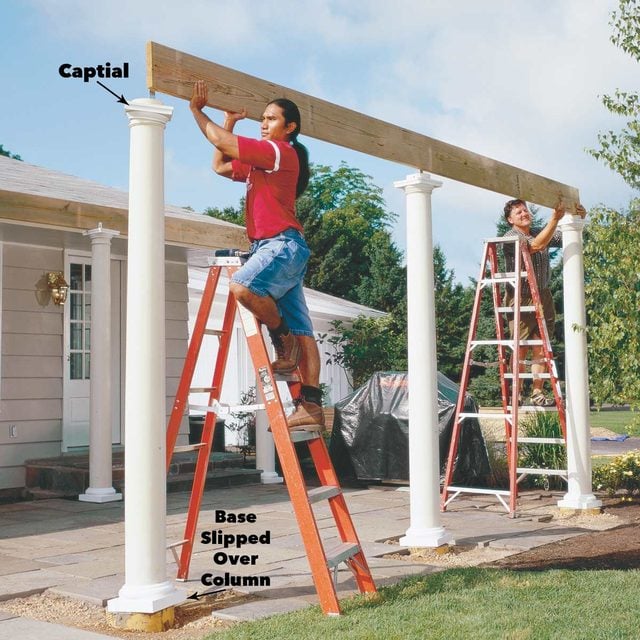 set the beam over the columns pergola