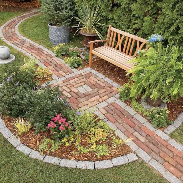 garden brick path and bench
