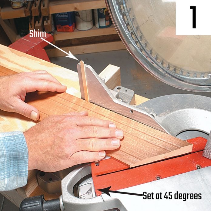 Cutting a piece of trim with the saw set at 45 degrees | Construction Pro Tips