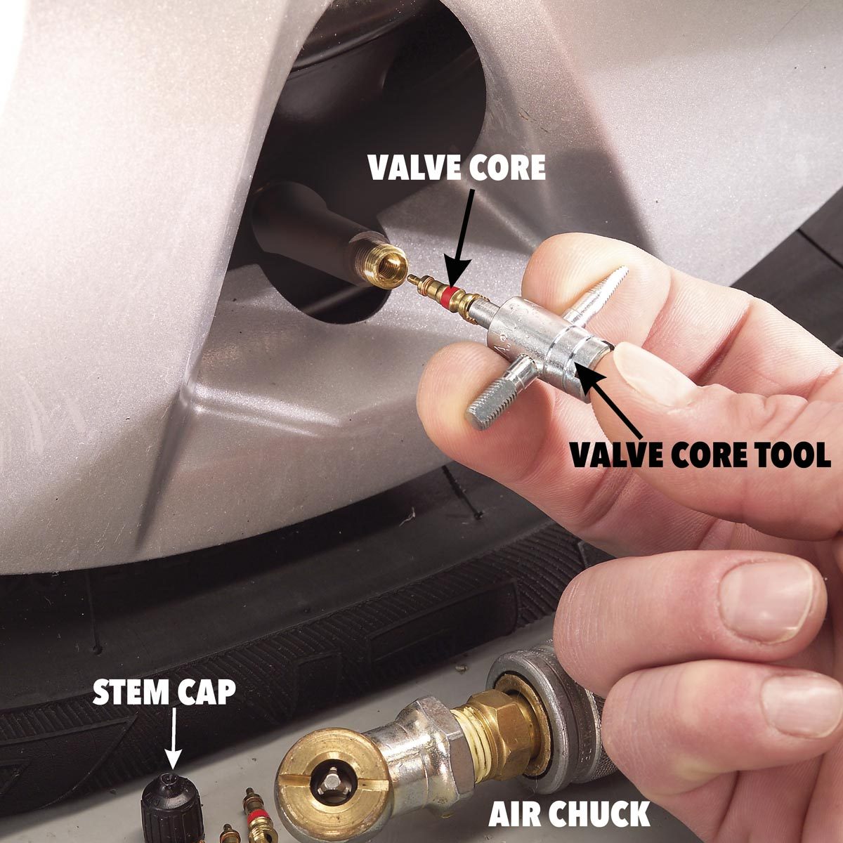 Automobile Car Tire Valve Stem Core Remover Installer Tools with 5 Valve Cores