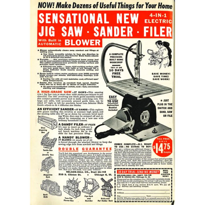 Vintage ad for a jig saw sander filer and blower | Construction Pro Tips