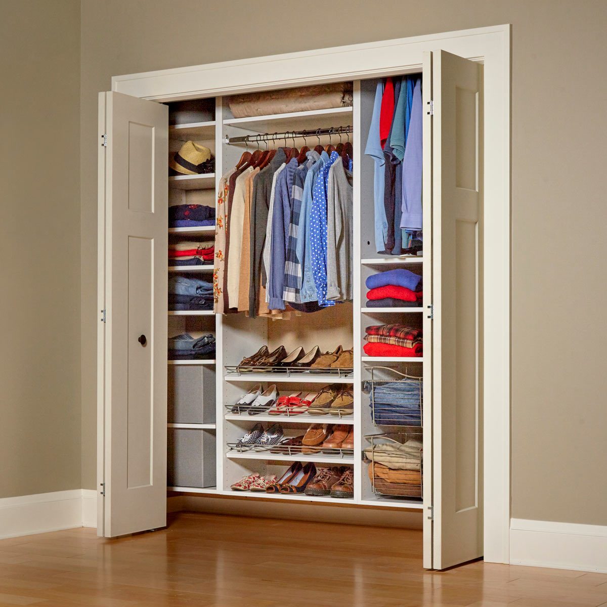 White 5-8 ft Wide Closet Organizer With Shoe Shelf 5 Shelves 3 Hanging Racks 