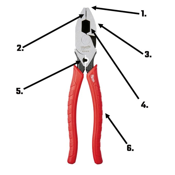 A linesman's pliers with labeled parts | Construction Pro Tips