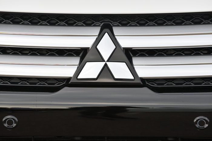 Vilnius, Lithuania - May 18: Mitsubishi logotype on a car on May 18, 2018 in Vilnius Lithuania. Mitsubishi Motors Corporation is a Japanese multinational automotive manufacturer