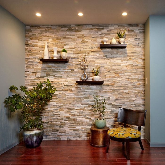 A stone veneer accent wall 