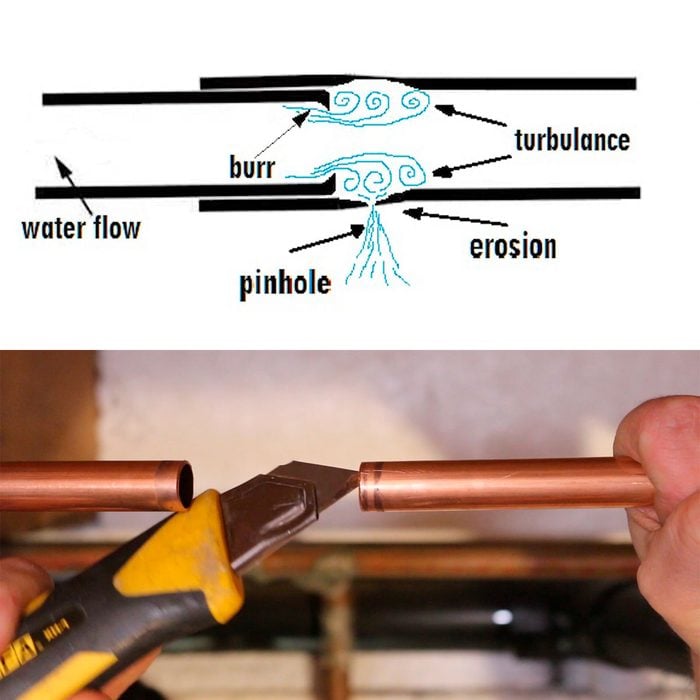 Diagram and image of a knife scraping the inside of a pipe | Construction Pro Tips