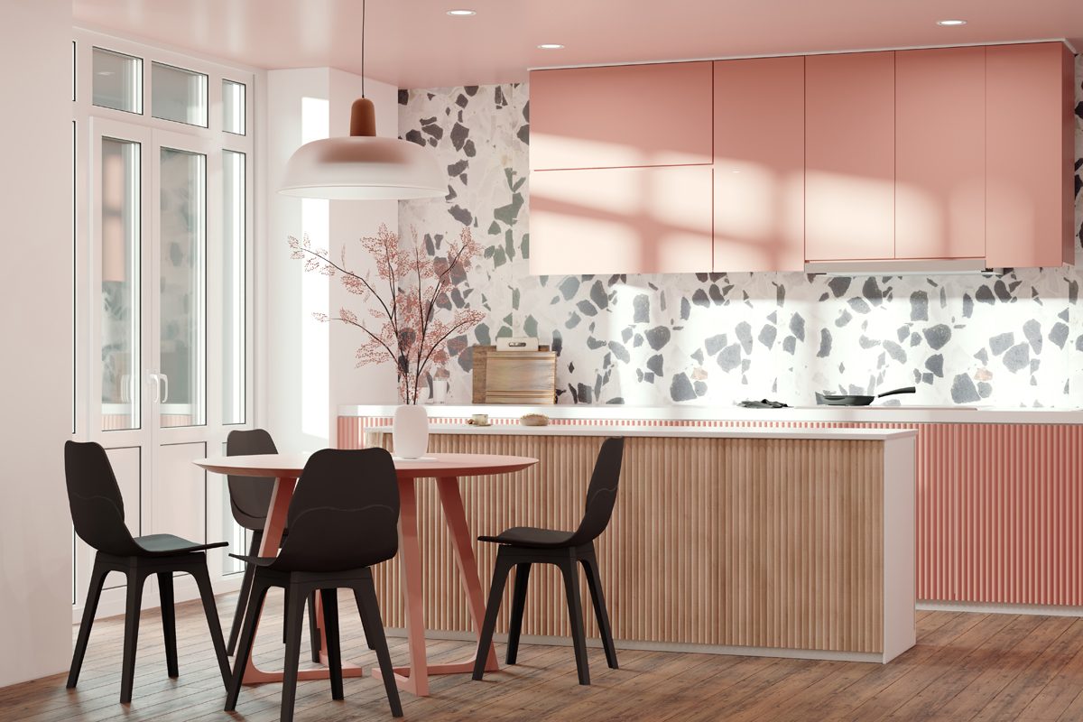 Gettyimages 1403826839 Kitchen Interior Design In Modern Style With Terazzo Wall And Pink Cabinets By Izusek
