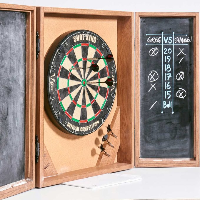 dartboard cabinet with chalkboard