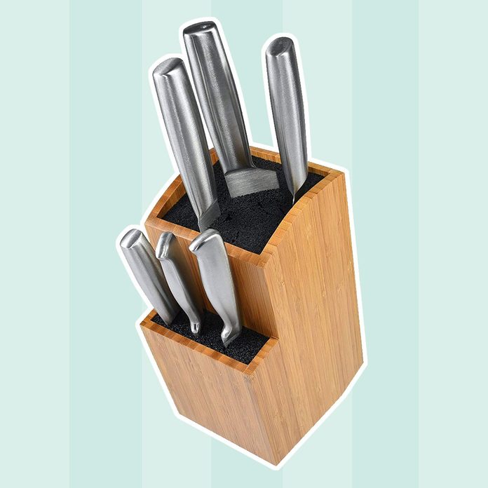 Bamboo Universal Knife Block - Extra Large Two-tiered Slotless Wooden Knife Stand, Organizer & Holder - Convenient Safe Storage for Large & Small Knives & Utensils - Easy to Clean Removable Bristles