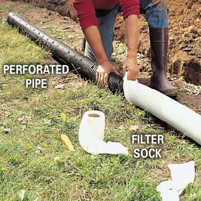 french drain: perforated pipe and filter sock
