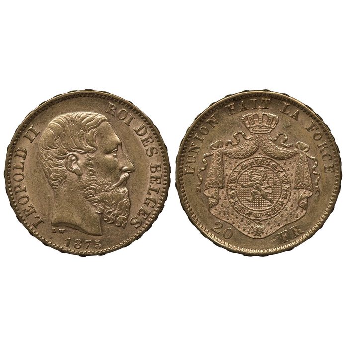 elgium Belgian golden coin 20 twenty francs 1875, head of King Leopold II right, coat of arms, lion surrounded by order chain in front of crowned mantle