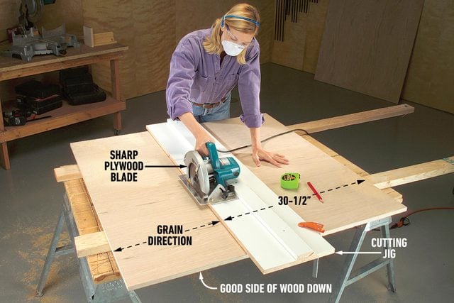 Use a jig and circular saw to cut the shelves To Build A Ladder Shelf
