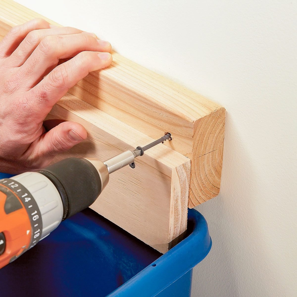 Fastening Screw into Wood with Drill, How To Make Hanging Recycling Bins For Your Garage