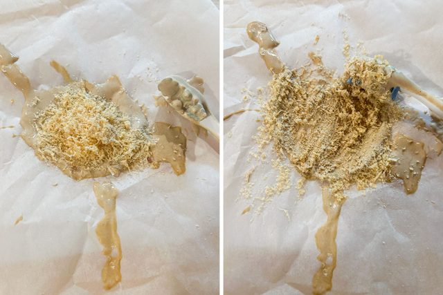 Mixing Sawdust in Glue with Brush