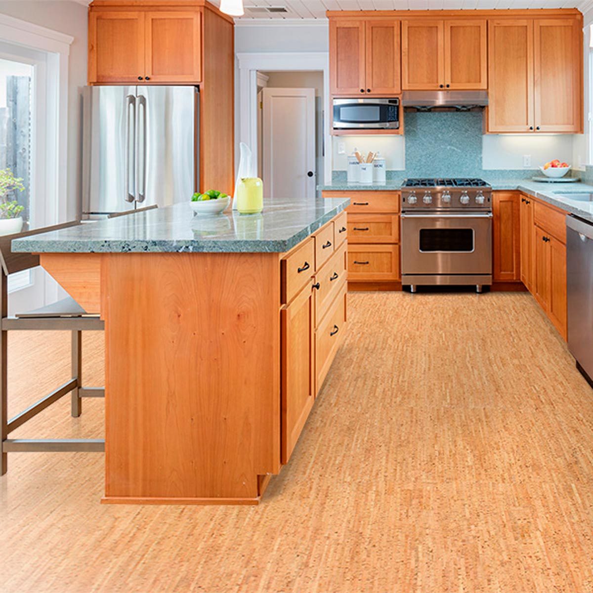 Silver Birch Forna Cork Floor Custom Designed Wooden Kitchen With Gorgeous Granite Counter 