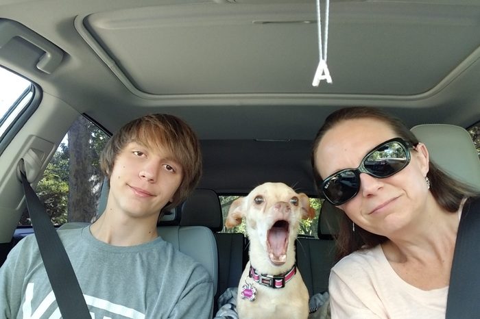 Mom and son in car with yawning puppy