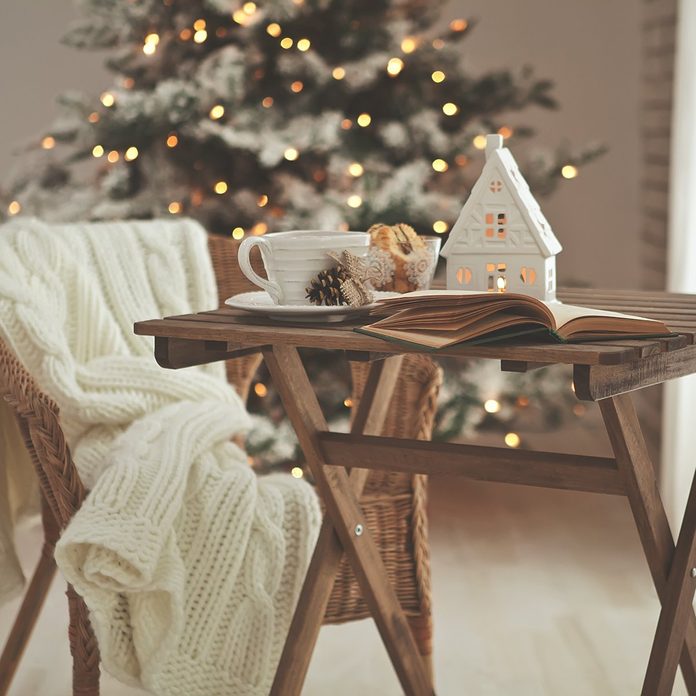Christmas or new year decoration on modern wooden coffee table.