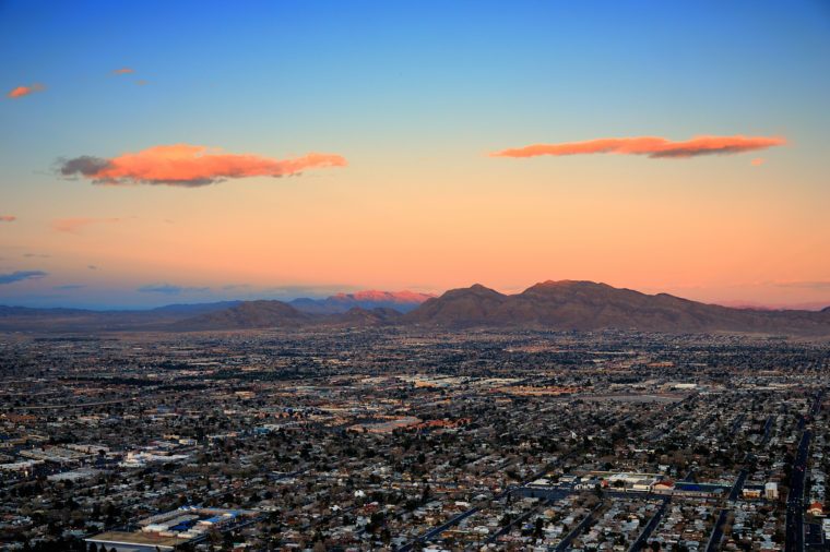 Las Vegas city aerial view panorama sunset with mountain