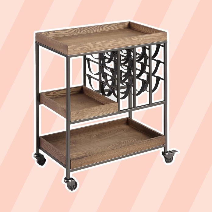 Wood And Faux Leather Strap Bar Cart With Wine Storage