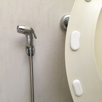 Bidet shower hose next to a toilet