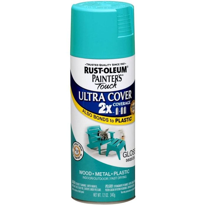Can of aqua Rust-Oleum paint