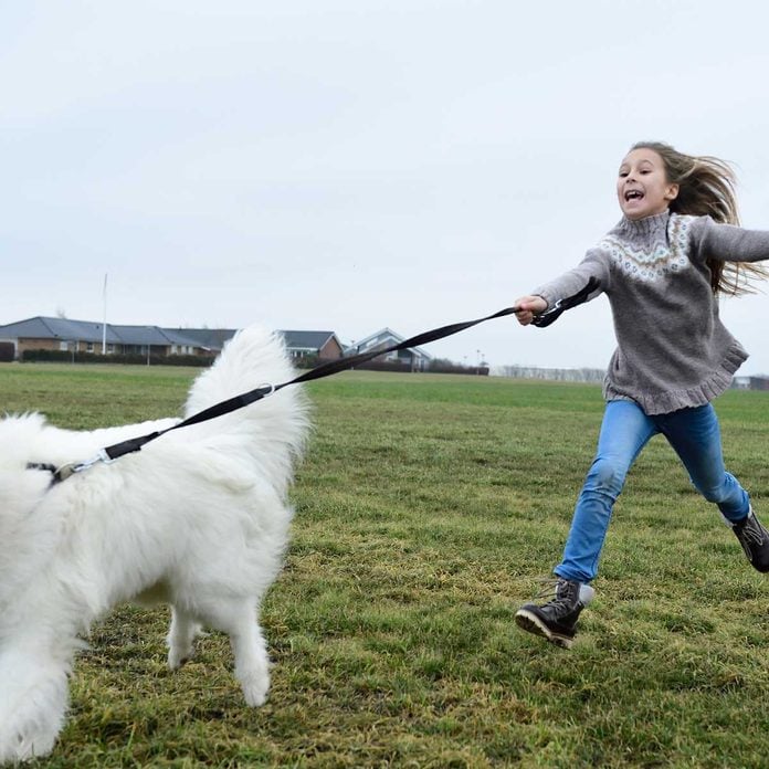Girl playing with a dog on a leash