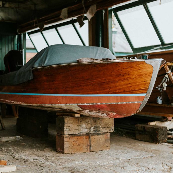Wooden boat in storage