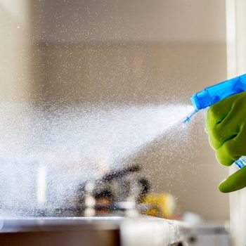 Spraying Cleaning Product on the Kitchen Counter