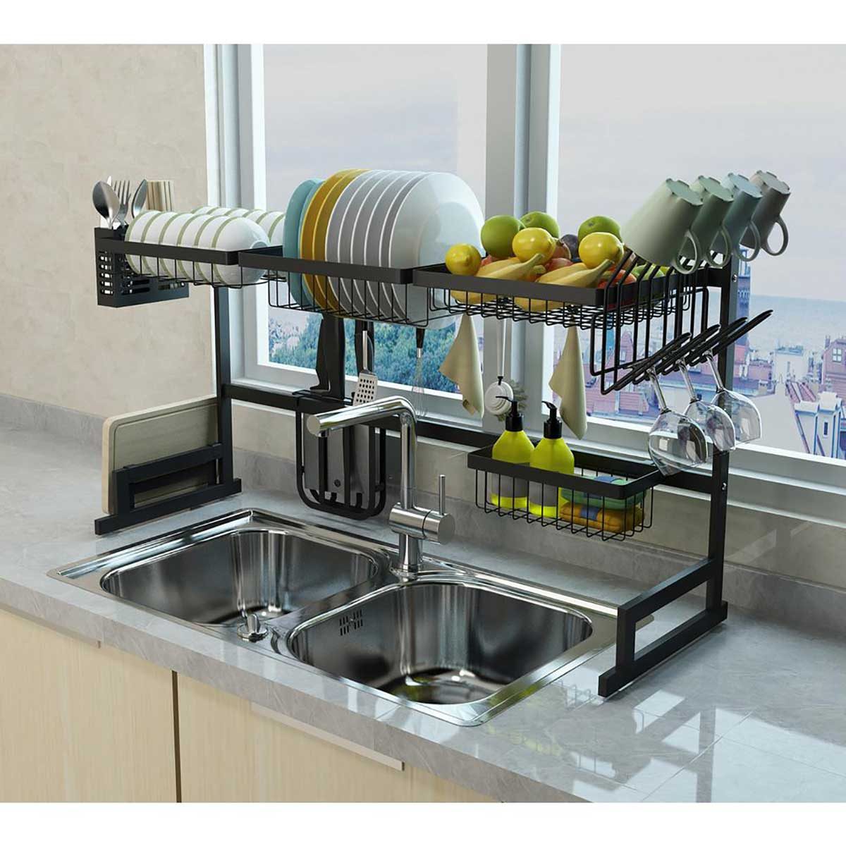 Practical Kitchen Sink Storage Rack Black Multifunctional Dishes Drying Rack