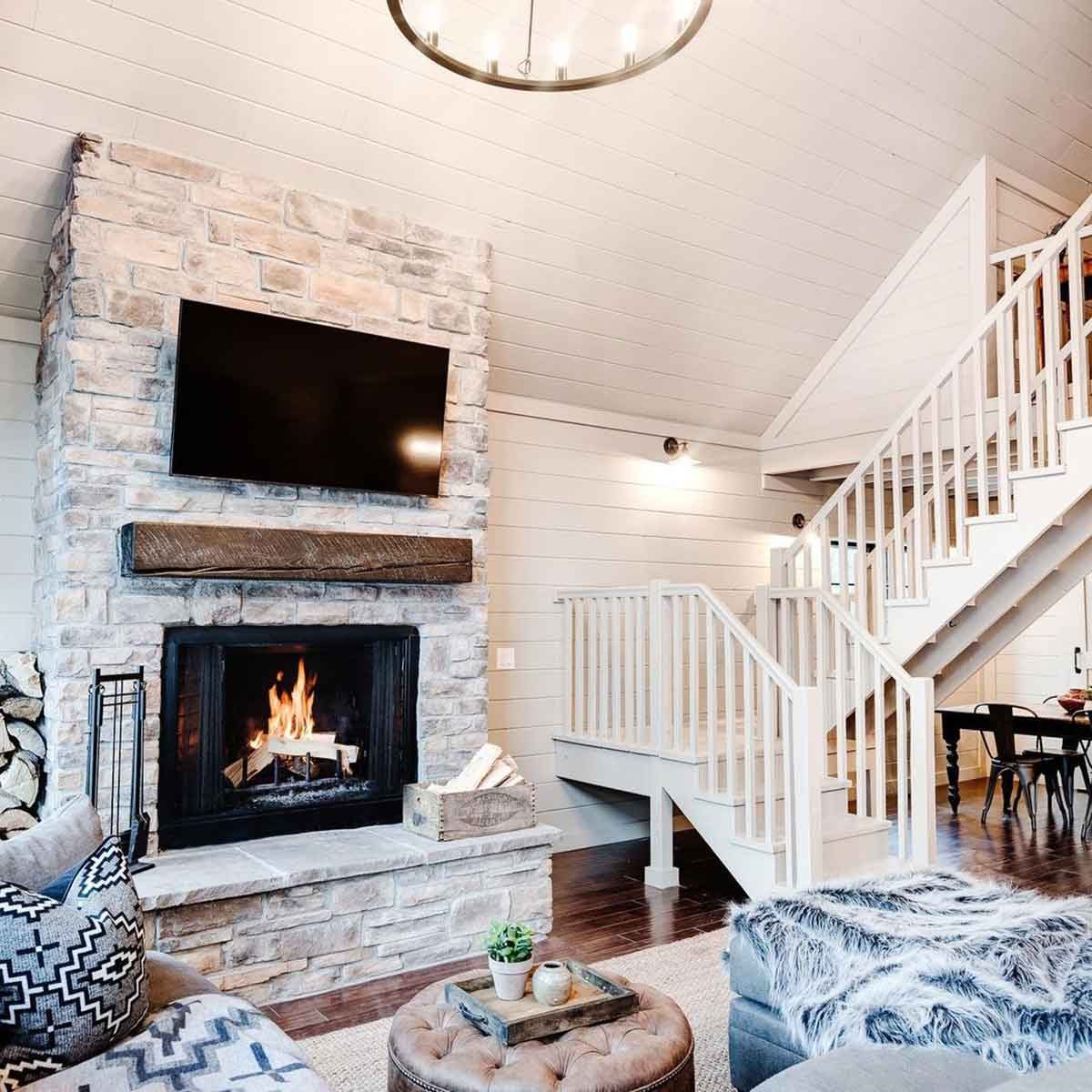 cabin bright white fireplace