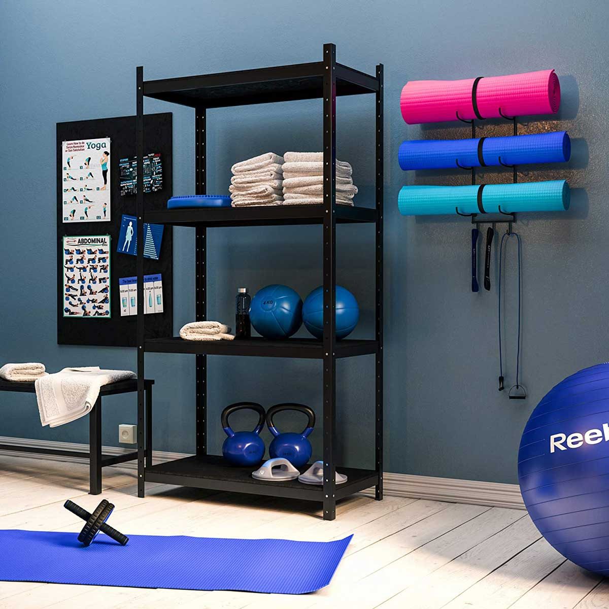 4 Wall Mount Yoga Mat Foam Roller & Towel Rack Holder for Fitness Class Home Gym 