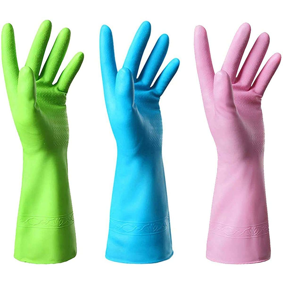 12 Pairs Strong Household and Kitchen Gloves Long Sleeve Cleaning rubber Gloves Dishwashing Gloves Pink, Large-9 