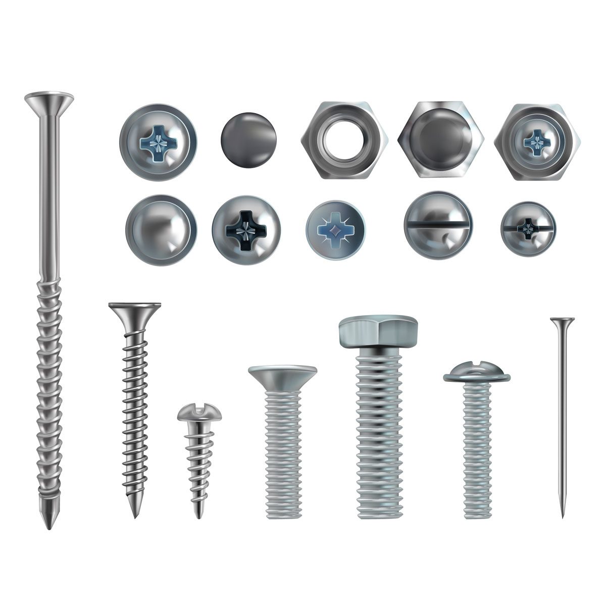 Set Of Different Screws Nails Isolated On A White Background Vector  Illustration Stock Illustration - Download Image Now - iStock